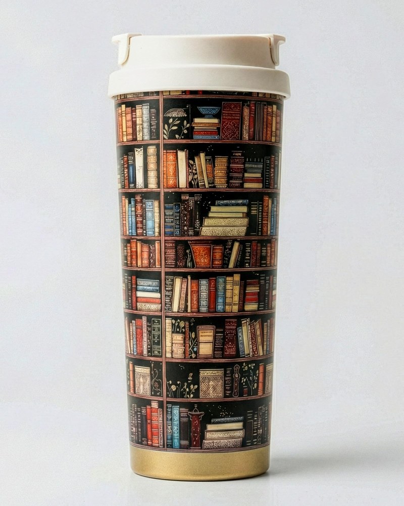 Thermobecher mit Bücherregal-Motiv